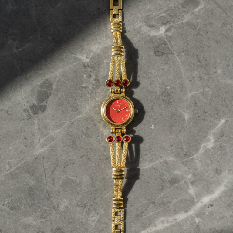 Vintage Gold-Tone Bracelet Watch with Ruby Red Accents – Elegant Women’s Watch (Random Design & Color)