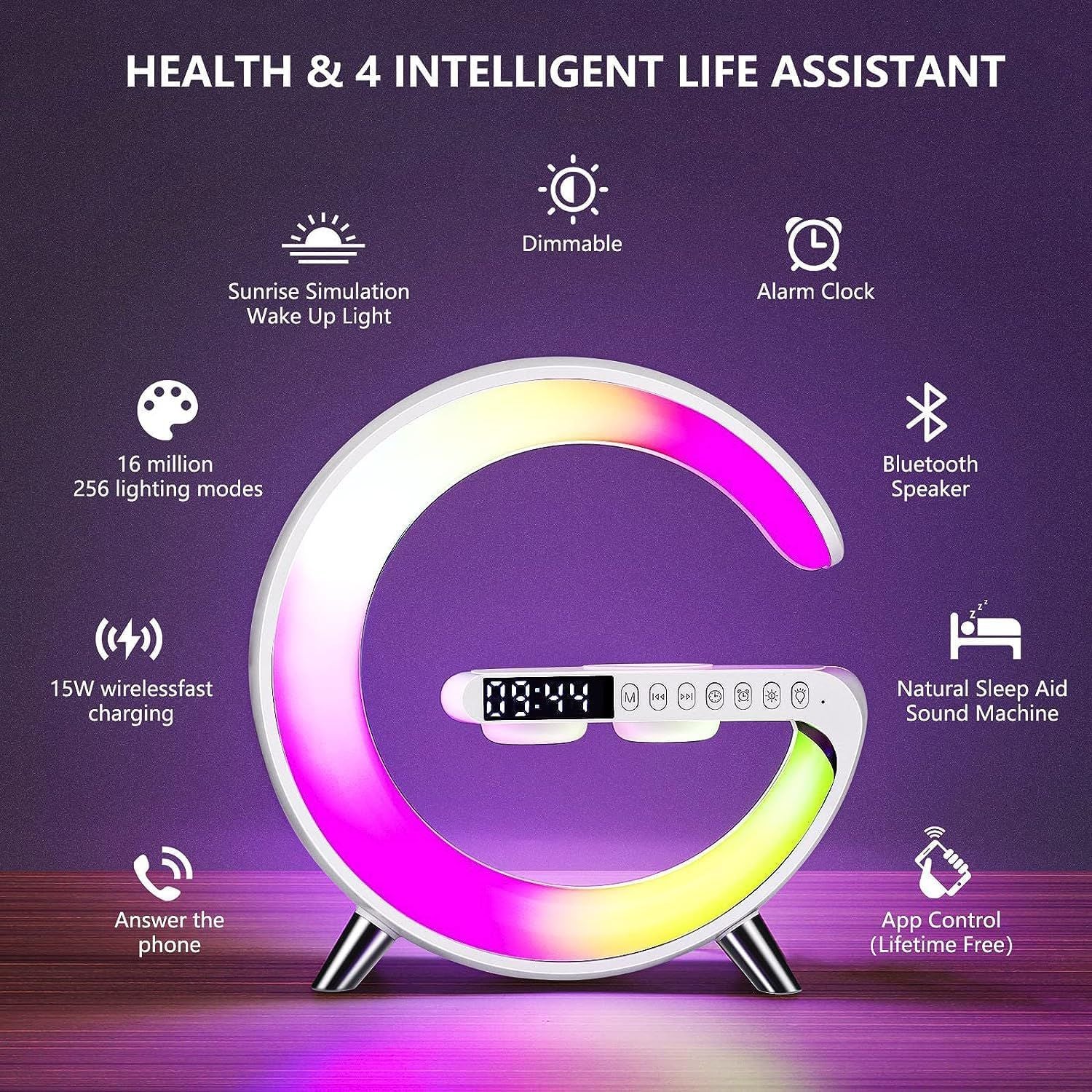 G63 RGB Light Bluetooth Speaker – 4-in-1 Desk Lamp with 10W Wireless Charging, Alarm Clock & Night Light