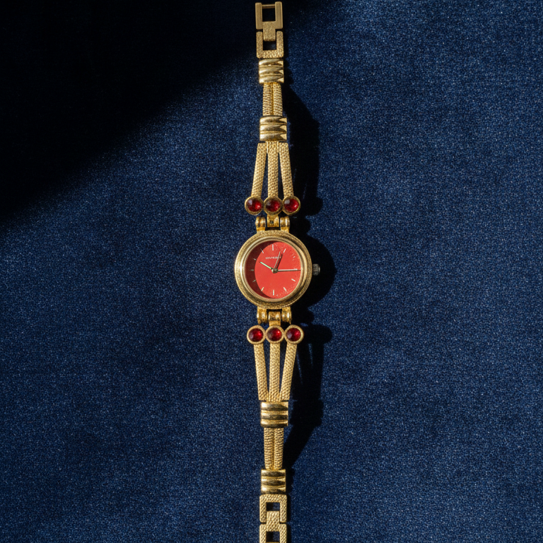 Vintage Gold-Tone Bracelet Watch with Ruby Red Accents – Elegant Women’s Watch (Random Design & Color)