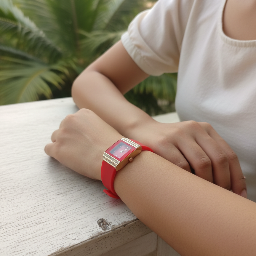 Luxury Women’s Diamond Quartz Watch – Square Dial Crystal Accent Wristwatch with Black Silicone Strap