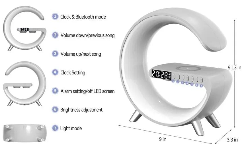 G63 RGB Light Bluetooth Speaker – 4-in-1 Desk Lamp with 10W Wireless Charging, Alarm Clock & Night Light