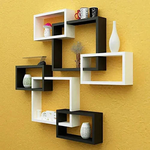 Wall Mounted Wooden Decorative Shelves – 6-Tier Intersect Box Rack for Home & Office Décor (Customizable)
