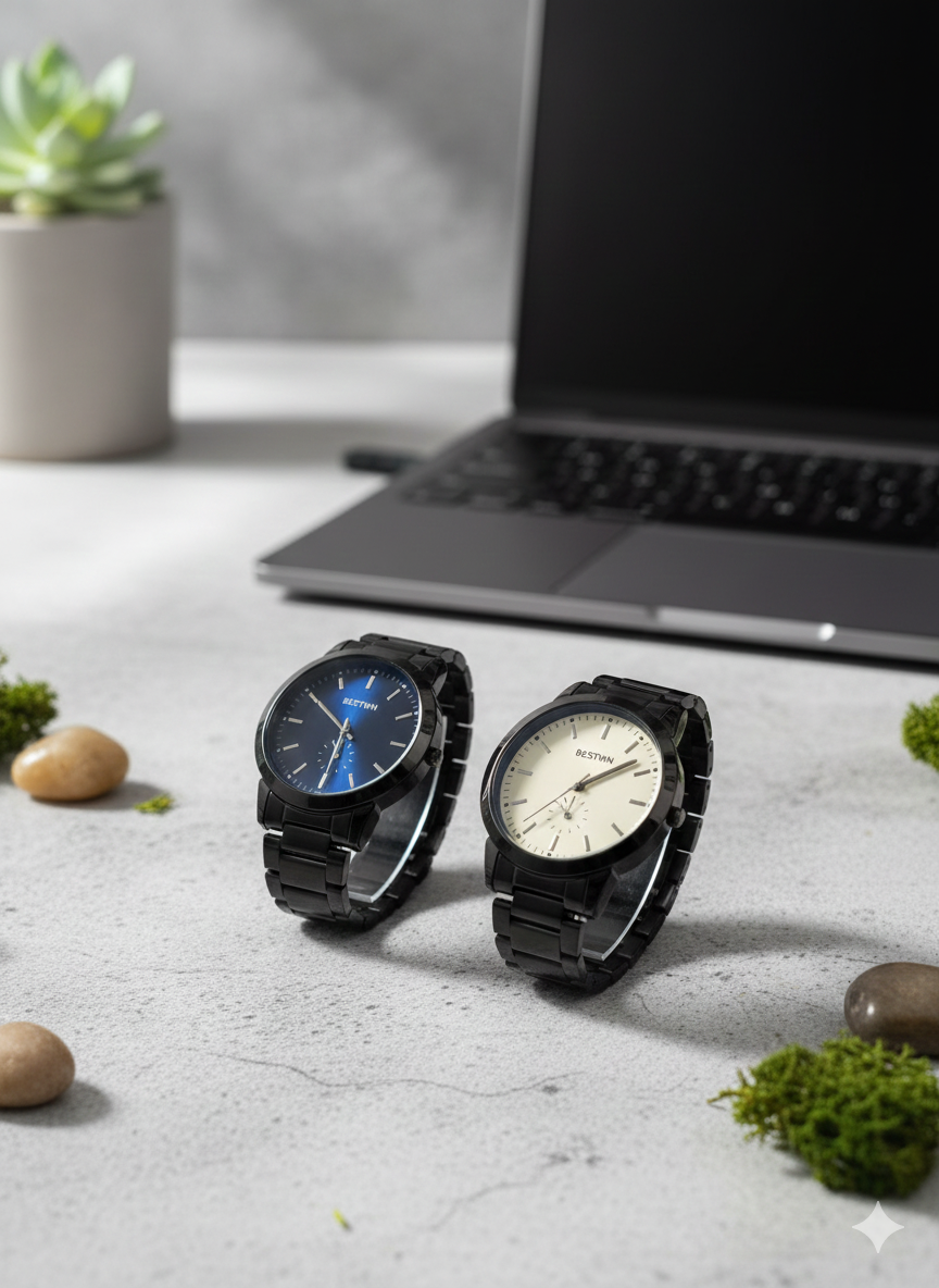 BESTWIN Minimalist Matte Black Watch – Blue Sunray Dial | Premium Quartz Men’s Bracelet Watch