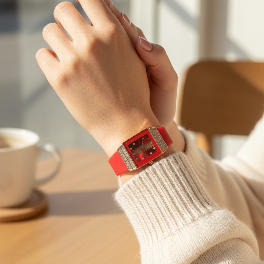 Luxury Women’s Diamond Quartz Watch – Square Dial Crystal Accent Wristwatch with Black Silicone Strap