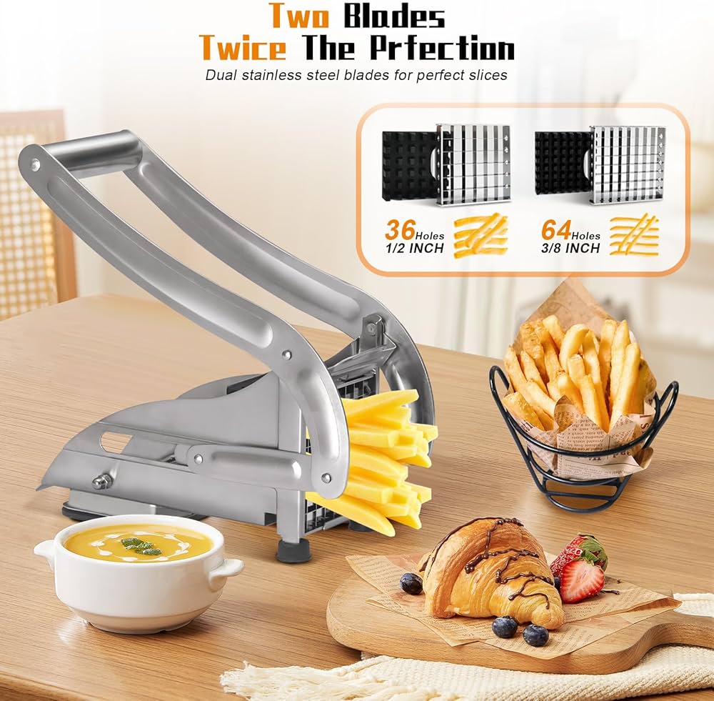 Stainless Steel French Fries Potato Cutter – Double Blade Manual Fries Slicer